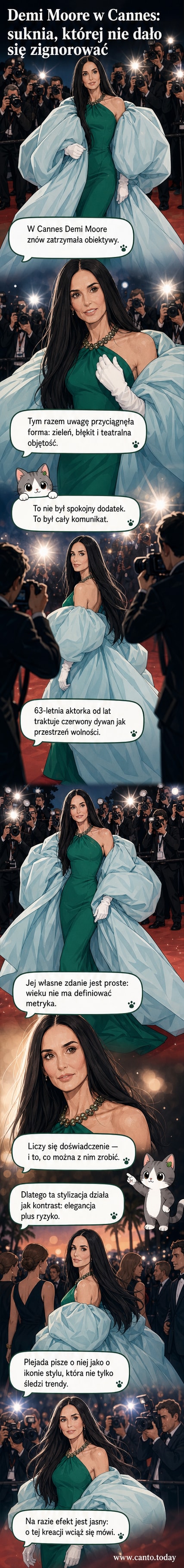 Demi Moore na czerwonym dywanie w Cannes w zielonej sukni, błękitnej bujnej narzutce i białych rękawiczkach, uśmiecha się do fotografów.
