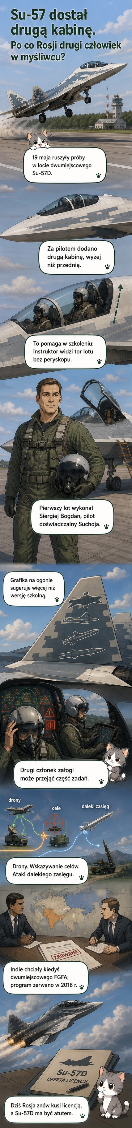 Nowoczesny myśliwiec Su-57D z dwoma fotelami, odrzutowy silnik, grafika na ogonie z symbolem drona, rakietą i innym myśliwcem