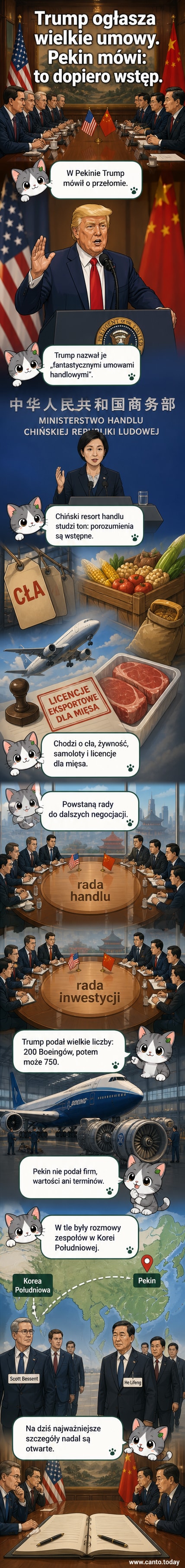 Ilustracja przedstawiająca chińskiego i amerykańskiego ministra handlu rozmawiających przy stole konferencyjnym, z flagami obu krajów w tle.