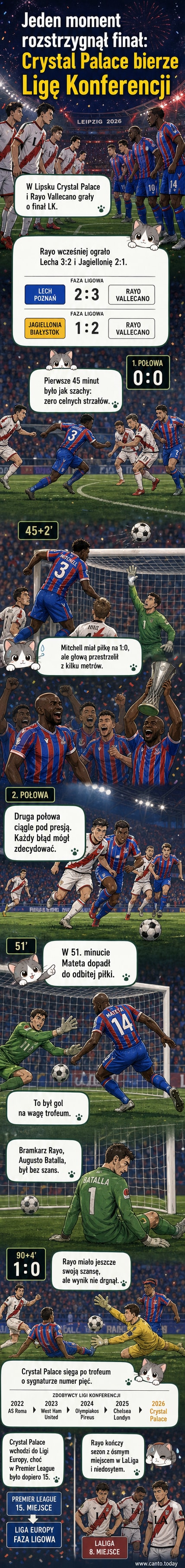 Piłkarze Crystal Palace świętują wygraną w finale Ligi Konferencji Europy, trzymają trofeum, na tle trybun wypełnionych kibicami w Lipsku.