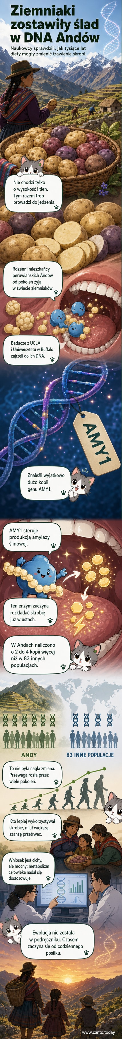 Ilustracja przedstawiająca górskie wzniesienia Andów, ludzi zbierających ziemniaki i schematyczne przedstawienie DNA z zaznaczonym genem AMY1.