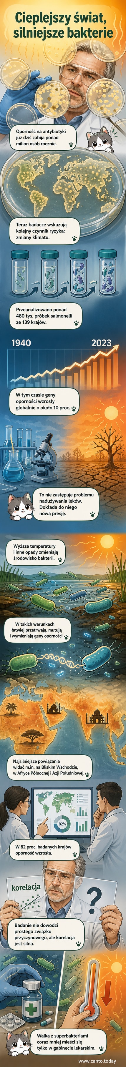 Ilustracja przedstawiająca bakterie rozwijające się szybciej na tle globusa z rosnącą temperaturą i zmieniającym się klimatem.