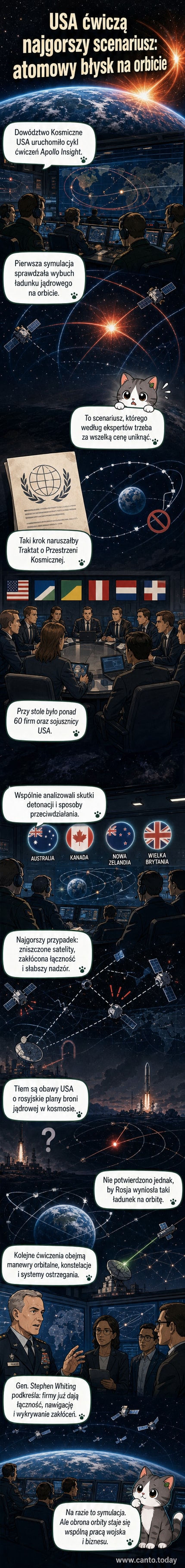Ilustracja przedstawia wybuch jądrowy na orbicie Ziemi, z rozbłyskiem promieniowania i falą uderzeniową uszkadzającą satelity, na tle ciemnego kosmosu i planety.