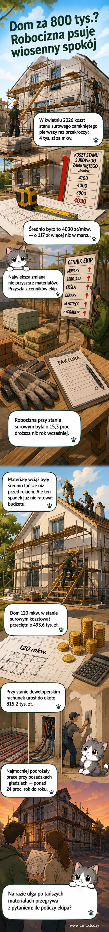 Ilustracja przedstawia dom w trakcie budowy, z widocznymi elementami konstrukcji i robotnikami. Tło pokazuje wykres wzrostu cen robocizny i materiałów budowlanych w 2026 roku.