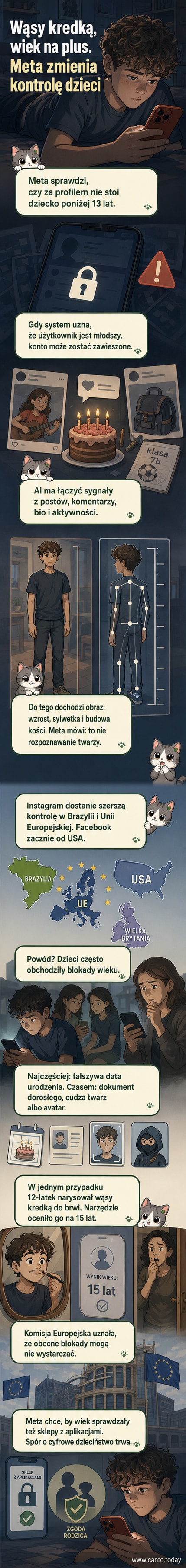 Ilustracja przedstawiająca dziecko z narysowanymi wąsami, analizowane przez AI skanujące kości na zdjęciu, z logiem Meta w tle.
