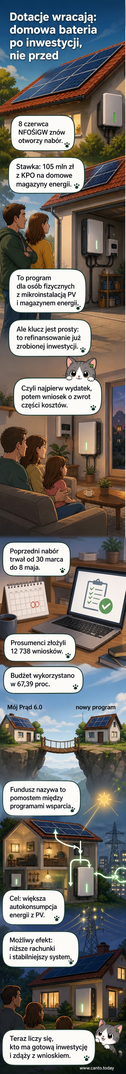 Ilustracja przedstawiająca dom z instalacją fotowoltaiczną i magazynem energii, z symbolem dotacji i datą 8 czerwca 2026.