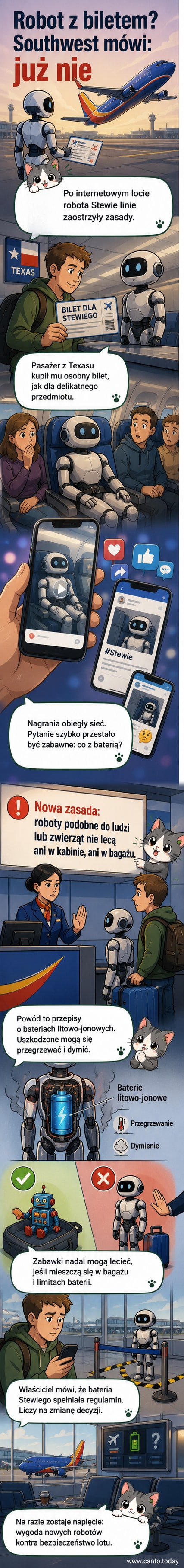 Ilustracja przedstawia kabinę samolotu, w której pasażerowie patrzą z zaskoczeniem na humanoidalnego robota siedzącego na osobnym miejscu; w tle widać logo Southwest Airlines.