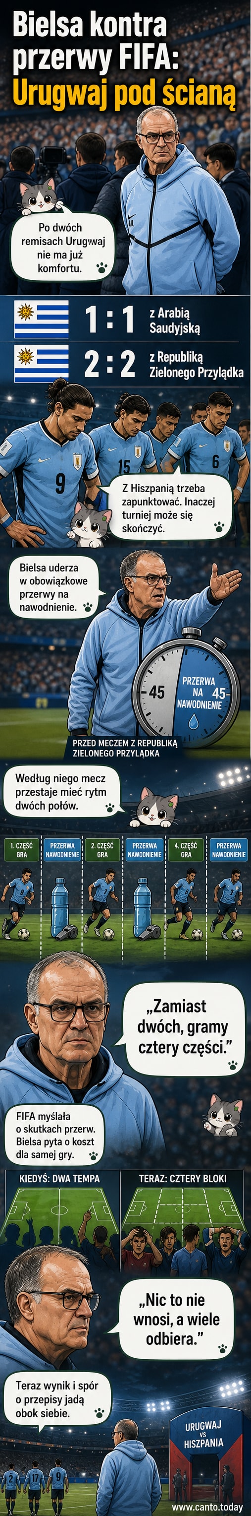 Marcelo Bielsa w szkockim garniturze, gestykuluje podczas konferencji prasowej, z tłem logotypu FIFA i flagą Urugwaju.