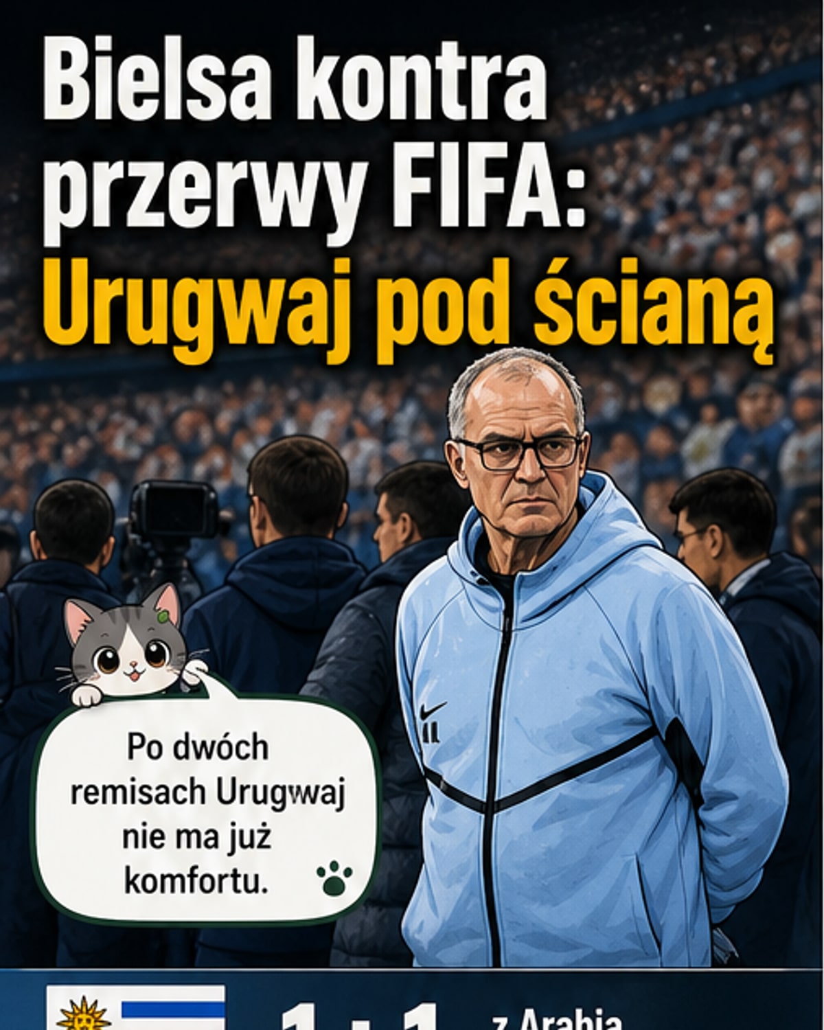 Marcelo Bielsa w szkockim garniturze, gestykuluje podczas konferencji prasowej, z tłem logotypu FIFA i flagą Urugwaju.