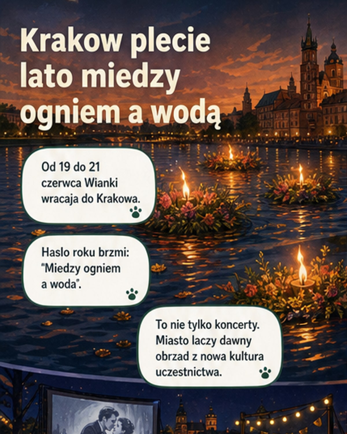 Widok na Wisłę podczas Wianek 2026 w Krakowie, z ludźmi puszczającymi wianki, tłem miasta i wieczornym niebem.