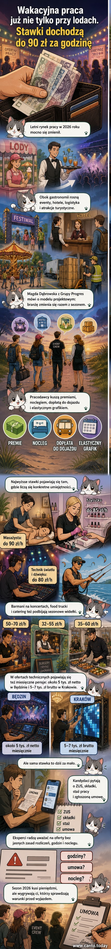 Ilustracja przedstawiająca osobę pracującą jako masażysta, technik dźwięku i kelnerka, z ikonami pieniędzy i kalendarza, symbolizującą sezonową pracę z wysokimi stawkami w różnych branżach.