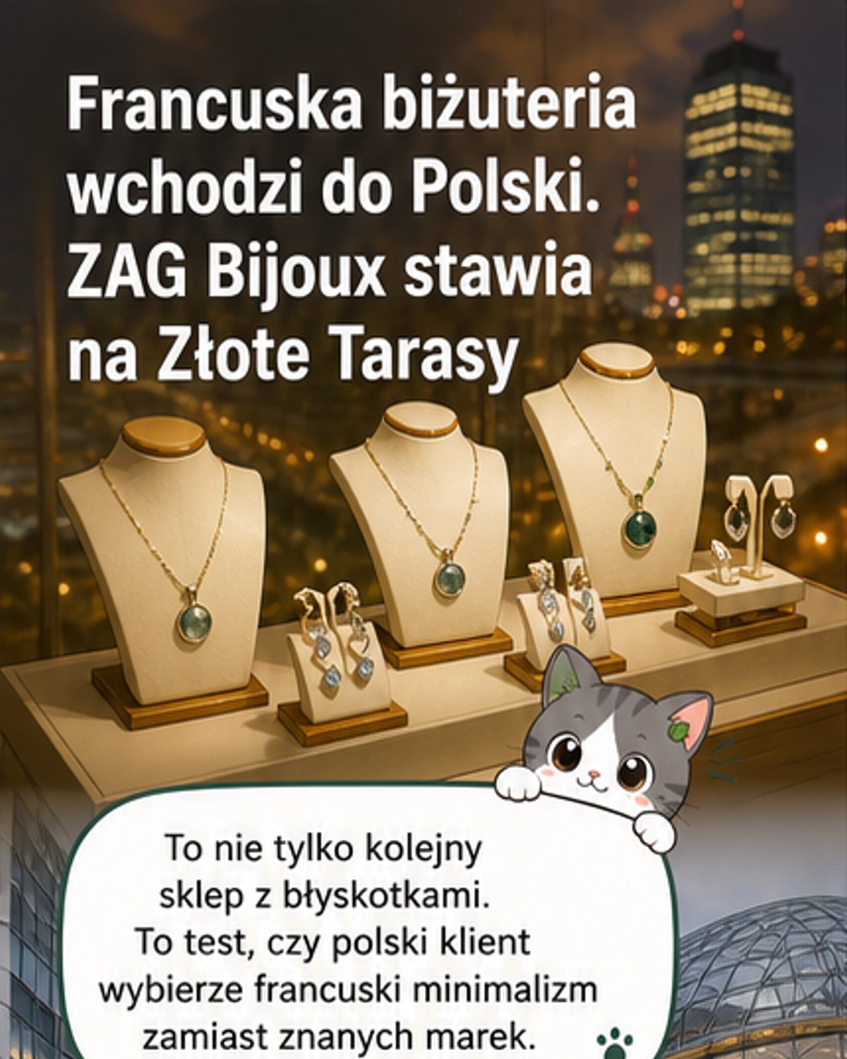 Wizualizacja wnętrza butiku ZAG Bijoux w Złotych Tarasach – minimalistyczny design z delikatną biżuterią z geometrycznymi motywami i naturalnymi kamieniami.