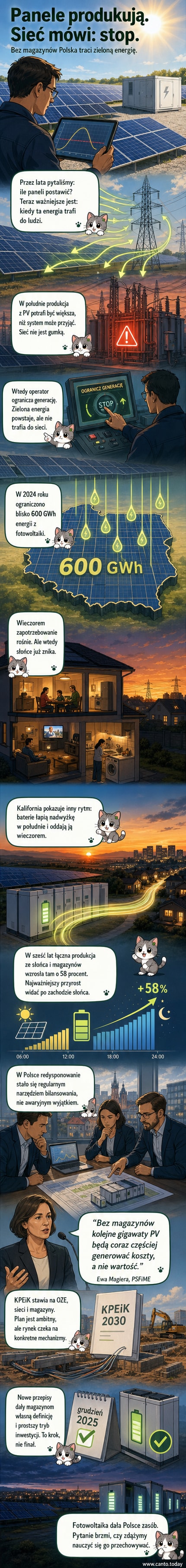 Ilustracja przedstawiająca kontrast: w południe słońce świeci mocno na panele fotowoltaiczne, ale nadwyżka energii znika w chmurze oznaczonej 'wyrzucono'; wieczorem domy świecą, ale oznaczone są 'brak prądu'. Pośrodku — magazyn energii jako most.