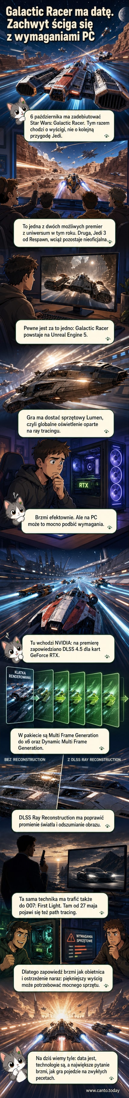 Grafika przedstawiająca kadr z gry Star Wars: Galactic Racer — szybki pojazd w stylu Gwiezdnych Wojen przemierzający oświetloną laserami trasę na tle egzotycznej planety, z efektami oświetlenia ray tracing