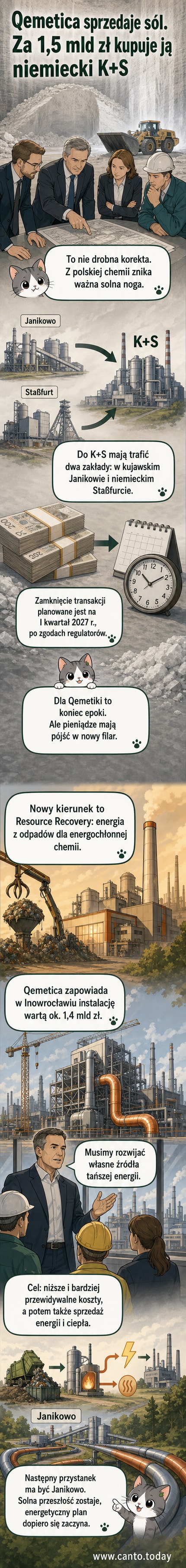 Ilustracja przedstawia dwie fabryki: jedną z kominem i odpadami, drugą z ikoną energii i cyrkularnym strzałkami, symbolizującą transformację Qemetiki z producenta soli do operatora odzysku energii.