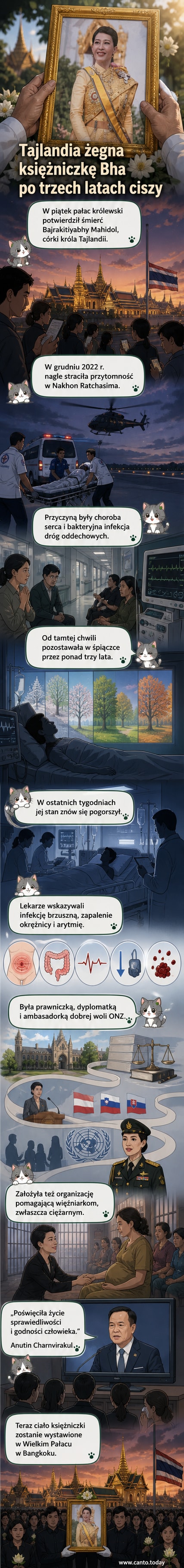Ilustracja księżniczki Bajrakitiyabha Mahidol w stroju oficerskim, tło z elementami tajlandzkiego pałacu i flagi