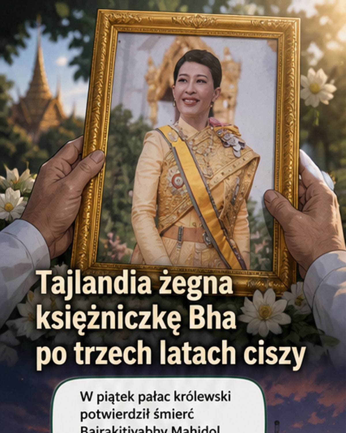 Ilustracja księżniczki Bajrakitiyabha Mahidol w stroju oficerskim, tło z elementami tajlandzkiego pałacu i flagi