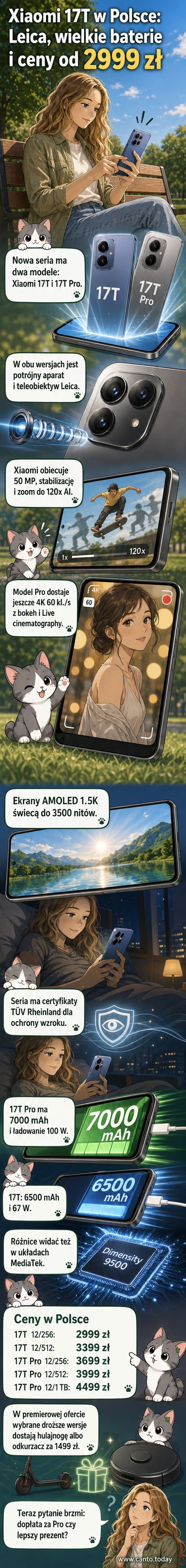 Xiaomi 17T i 17T Pro w różnych kolorach, z widocznymi potrójnymi modułami aparatów z tyłu i dużymi ekranami z przodu