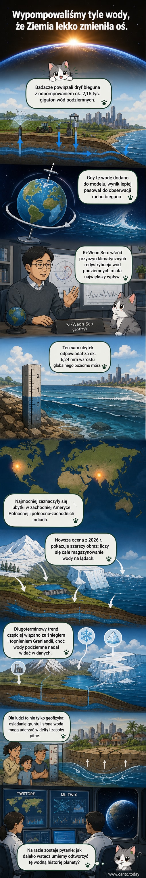 Ilustracja Ziemi z lekko przesuniętą osią obrotową, z czerwoną strzałką wskazującą przepływ wód podziemnych z kontynentów do oceanów.
