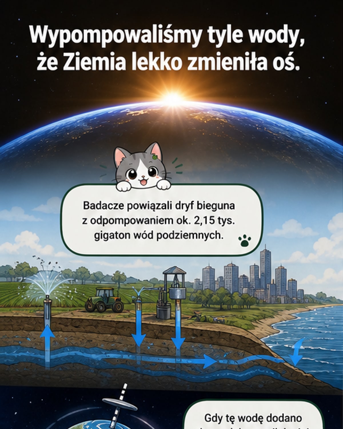 Ilustracja Ziemi z lekko przesuniętą osią obrotową, z czerwoną strzałką wskazującą przepływ wód podziemnych z kontynentów do oceanów.