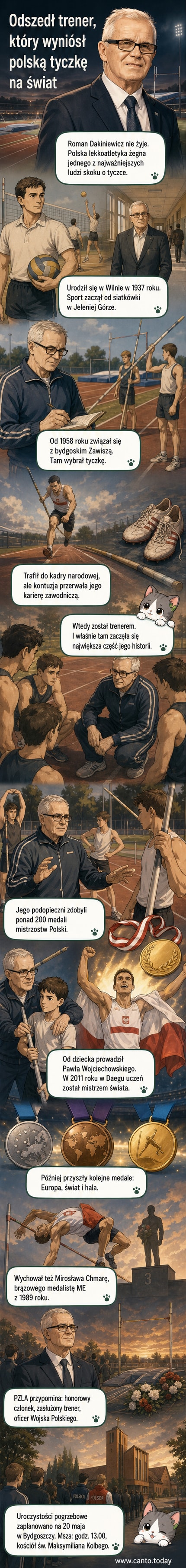 Portret trenera Romana Dakiniewicza z tłem skoczka o tyczce na tle stadionu