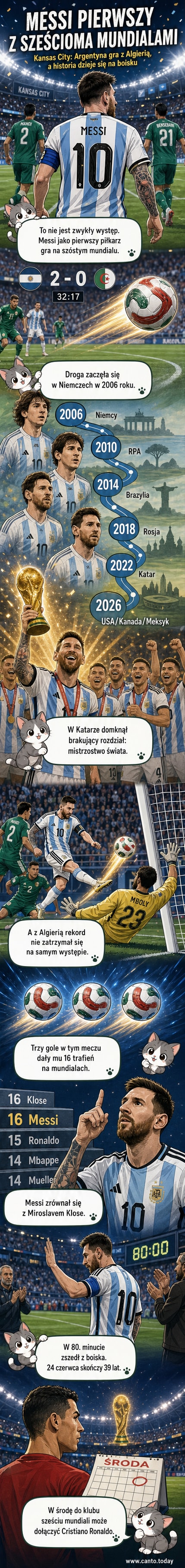Lionel Messi w barwach reprezentacji Argentyny podczas treningu przed meczem z Algierią na Mundialu 2026, z widocznym stadionem w tle.