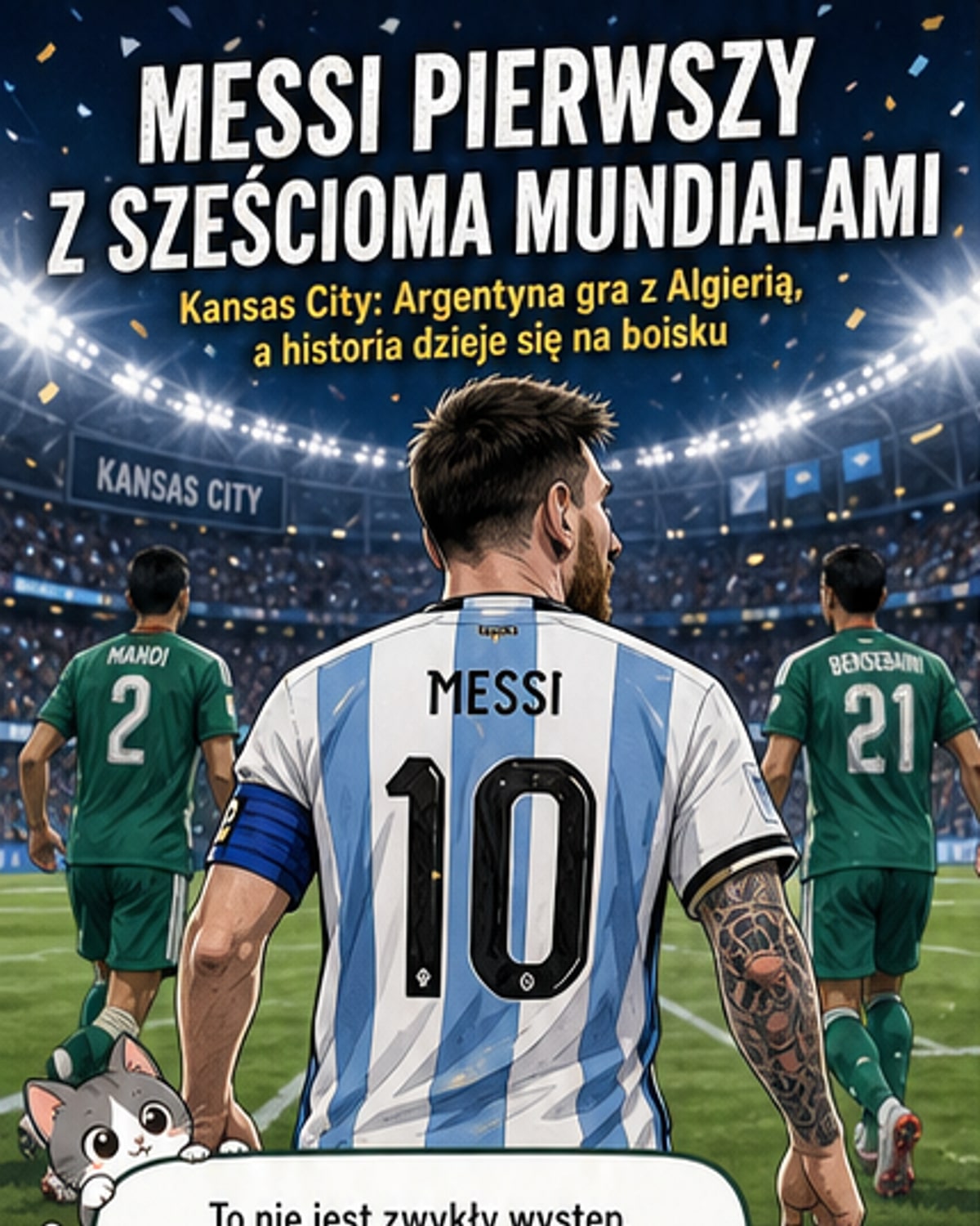 Lionel Messi w barwach reprezentacji Argentyny podczas treningu przed meczem z Algierią na Mundialu 2026, z widocznym stadionem w tle.