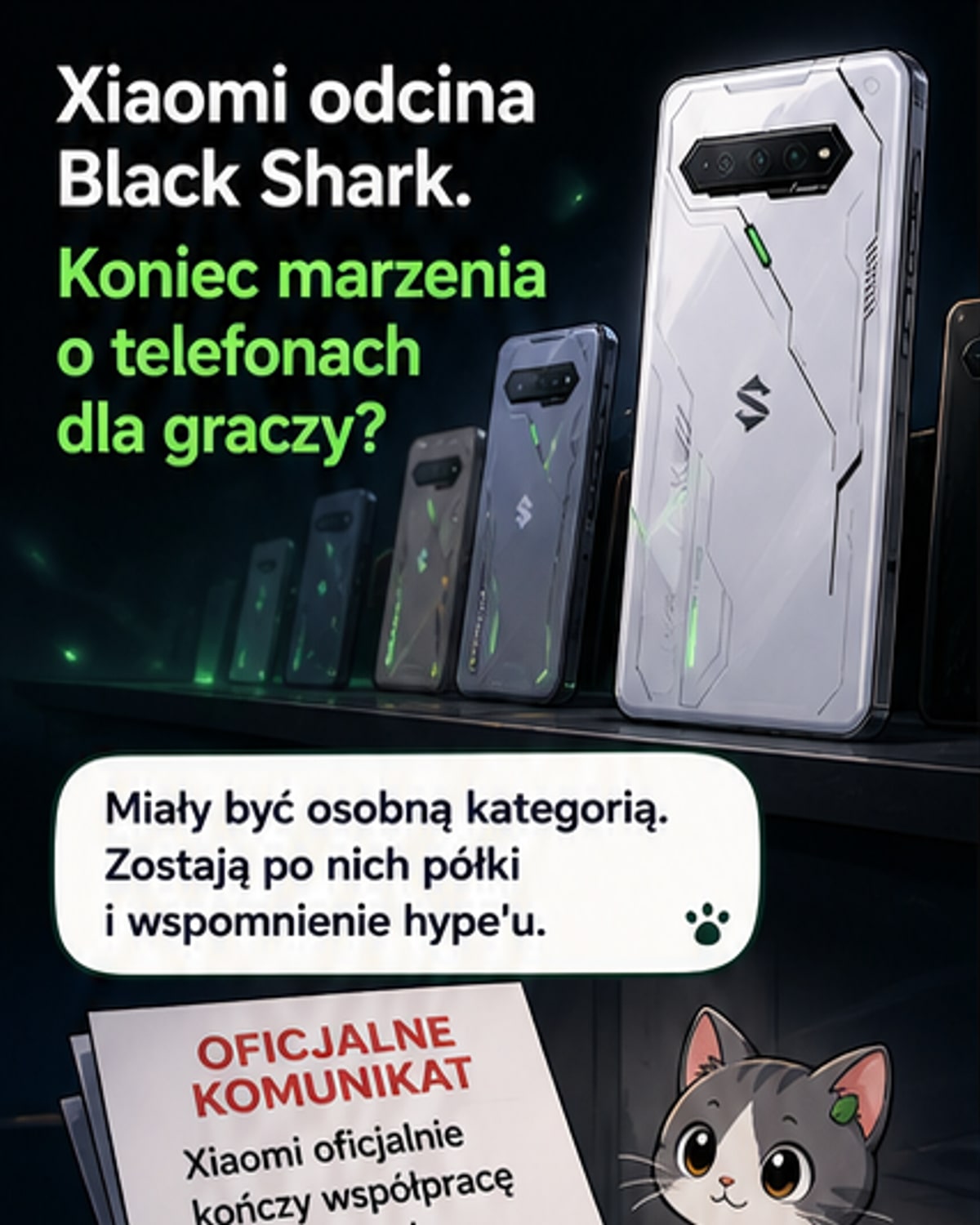 Ilustracja przedstawiająca smartfon Black Shark z logo Xiaomi, który pęka i przekształca się w tablet z czystym Androidem, z tłem w postaci wygasającego forum społecznościowego.
