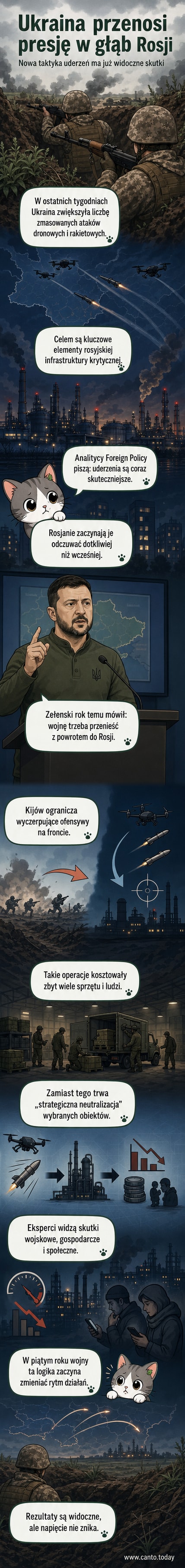 Ilustracja przedstawia mapę Ukrainy i Rosji z czerwonymi strzałkami oznaczającymi ataki dronowe i rakietowe, skierowane w kierunku terytorium Rosji.