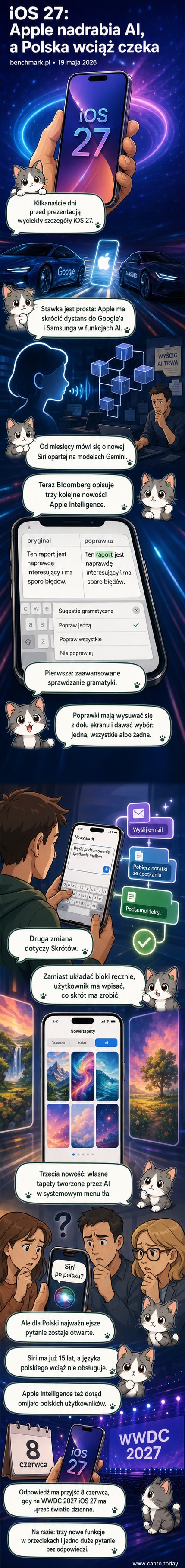 Ilustracja przedstawiająca iPhone’a z nowym interfejsem iOS 27, gdzie AI sugeruje poprawki gramatyczne, generuje tapetę i tworzy skrót na podstawie tekstu wpisanego przez użytkownika.