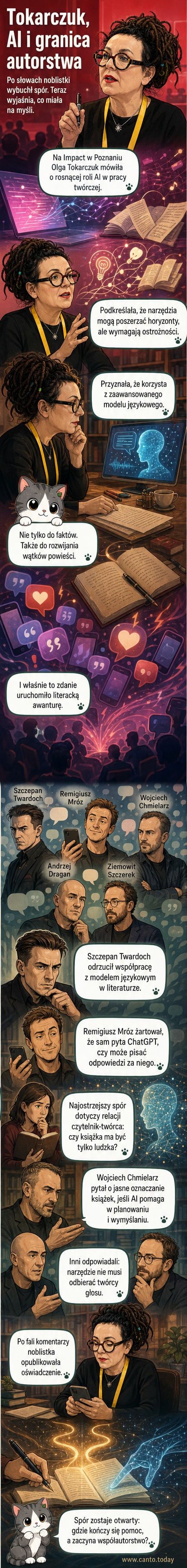 Ilustracja przedstawiającą Olge Tokarczuk rozmawiającą z wizualizacją sztucznej inteligencji w formie eterycznego, świecącego interfejsu, na tle półek z książkami i unoszącymi się słowami.