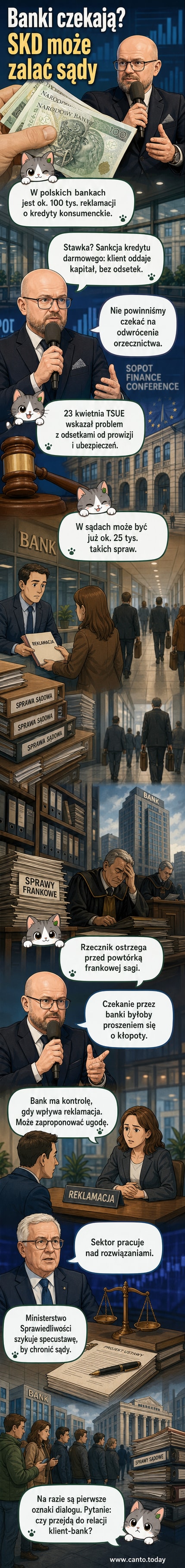Ilustracja przedstawiająca sędziego z makietrą, klienta z kredytową umową i bankiera rozmawiających przy stole z dokumentami, tło to budynki banków i sądów