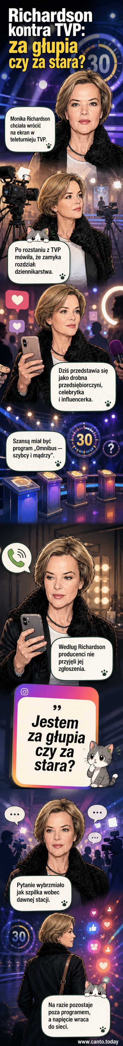 Ilustracja przedstawia Monikę Richardson siedzącą przy telefonie, z miną zdziwienia i ironicznym uśmiechem, na tle logotypu TVP i napisu 'Omnibus'.