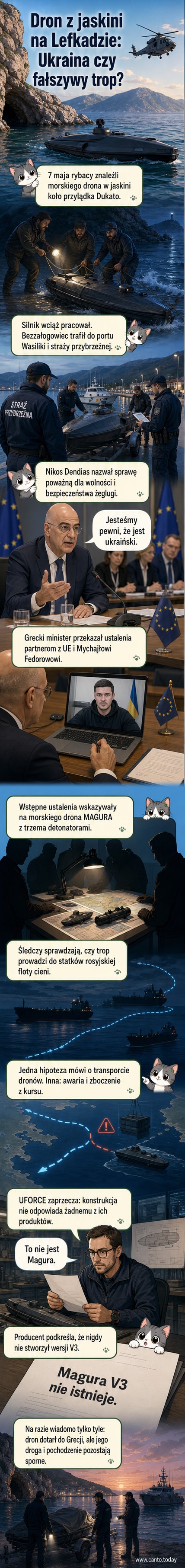 Zdjęcie morskiego drona wyjętego z wody przez greckich rybaków, z charakterystycznym kadłubem i oznaczeniami technicznymi.