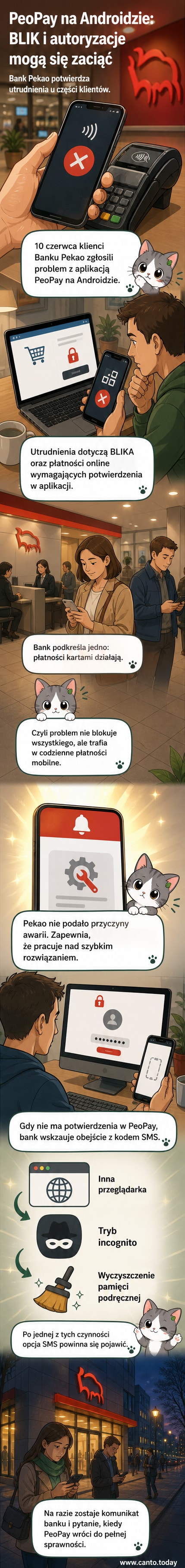 Ilustracja przedstawia telefon z aplikacją PeoPay i komunikatem o błędzie podczas próby płatności BLIKiem