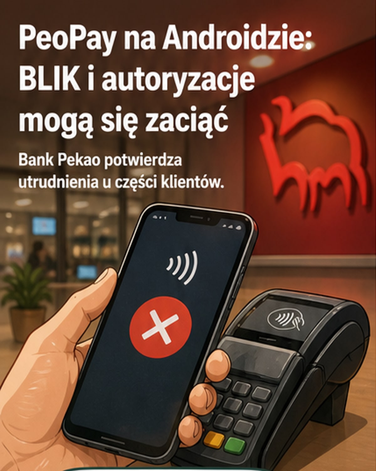 Ilustracja przedstawia telefon z aplikacją PeoPay i komunikatem o błędzie podczas próby płatności BLIKiem