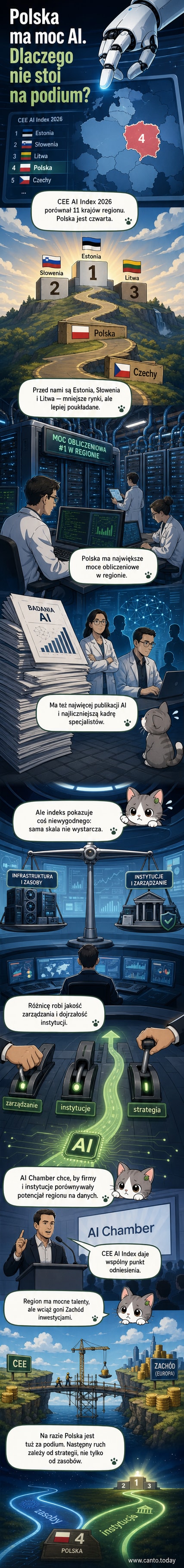 Ilustracja przedstawiająca globus z elementami sztucznej inteligencji, z zaznaczonymi krajami Europy Środkowej i ich pozycjami w rankingu CEE AI Index 2026.