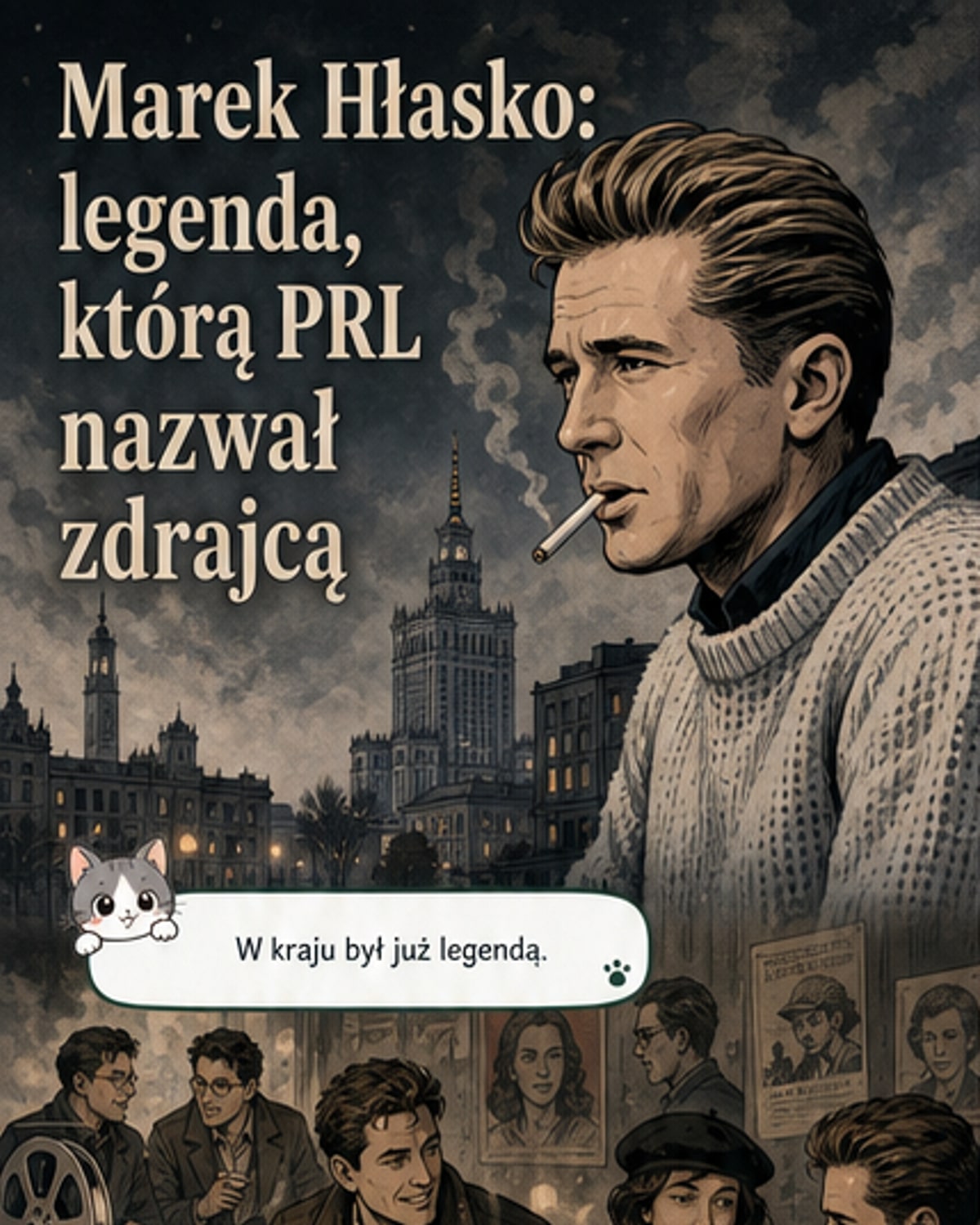 Portret Marka Hłaski w stylu lat 60., z ciemnymi włosami, intensywnym wzrokiem, w eleganckim płaszczu, na tle ulicy w Berlinie.