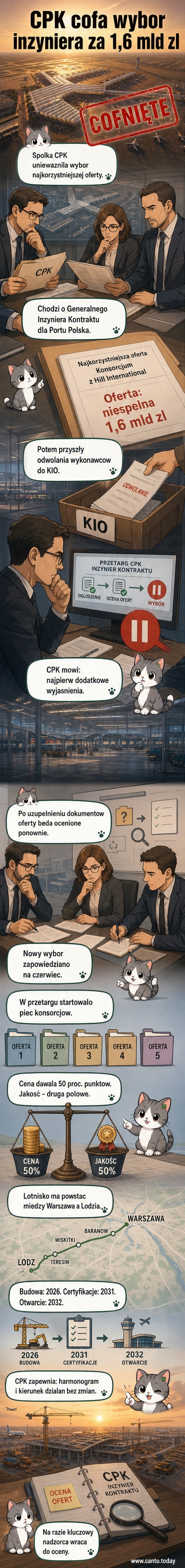 Ilustracja przedstawiająca nieukończone lotnisko z ciężkimi maszynami budowlanymi i znakiem z pytajnikiem nad głównym budynkiem, symbolizującym opóźnienia w decyzjach projektowych.