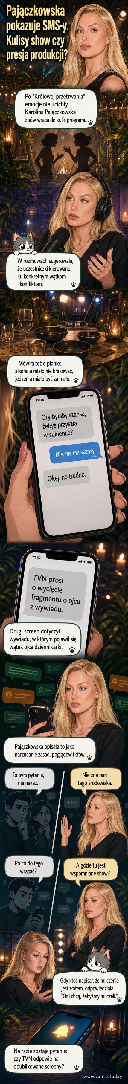 Karolina Pajączkowska w kadrze z programu 'Królowa przetrwania', z ekranem telefonu pokazującym wiadomości od produkcji.