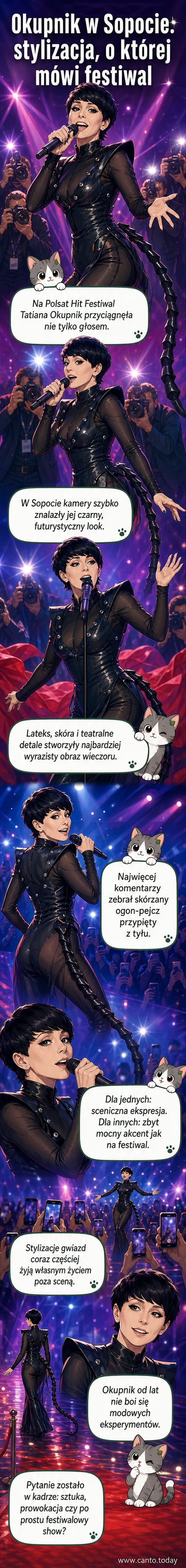 Tatiana Okupnik w ciemnej, futurystycznej stylizacji z lateksu i skóry, z przyczepionym skórzanym ogonem-pejczem, na czerwonym dywanie Polsat Hit Festiwal w Sopocie.