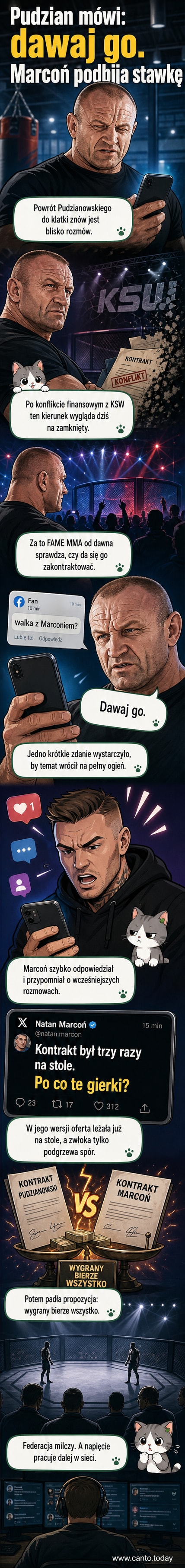 Ilustracja przedstawiających dwóch zawodników MMA w starciu – po lewej Mariusz Pudzianowski, po prawej młodszy Natan Marćon, tło stylizowane na oktagon z ogniem i napisem FAME MMA.