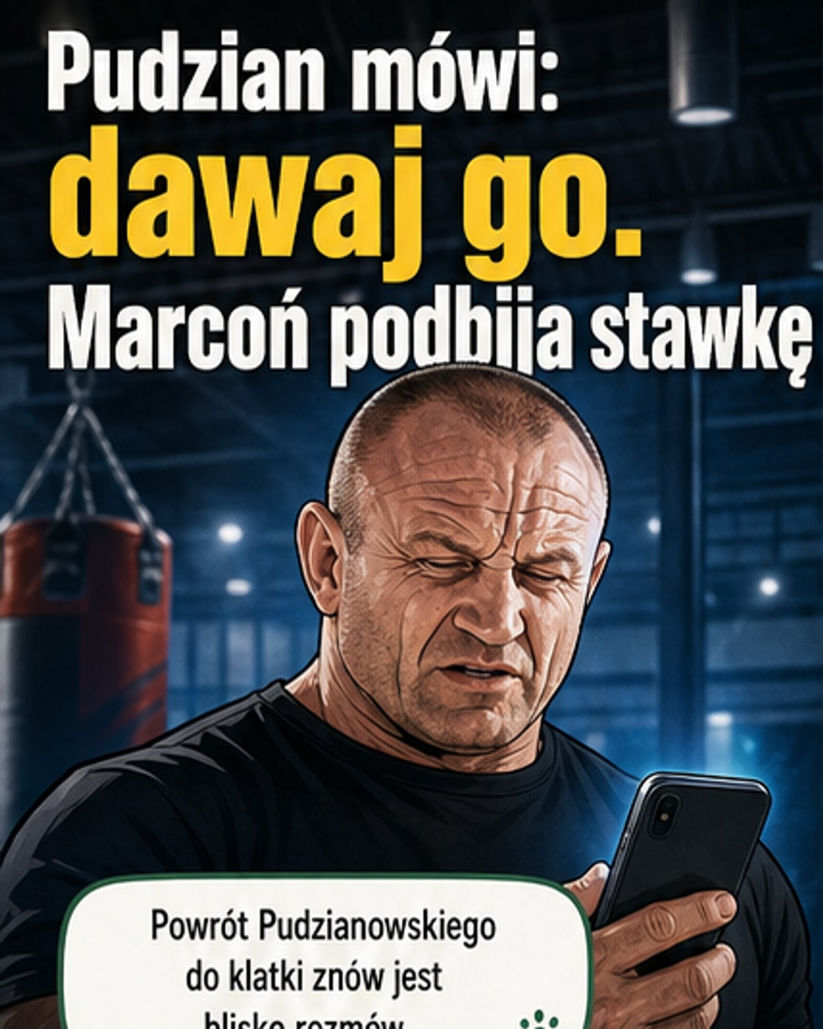 Ilustracja przedstawiających dwóch zawodników MMA w starciu – po lewej Mariusz Pudzianowski, po prawej młodszy Natan Marćon, tło stylizowane na oktagon z ogniem i napisem FAME MMA.