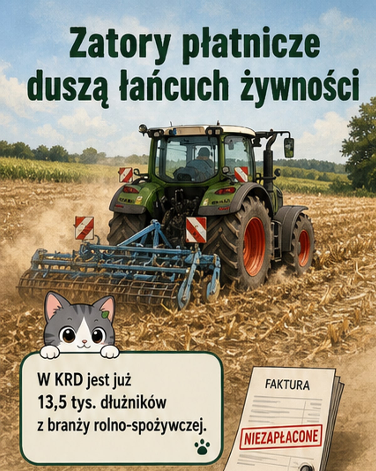 Ilustracja przedstawia łańcuch dostaw w rolnictwie: rolnik, producent, transport, hurtownia, sklep i restauracja – z długami rosnącymi jak kula śnieżna.