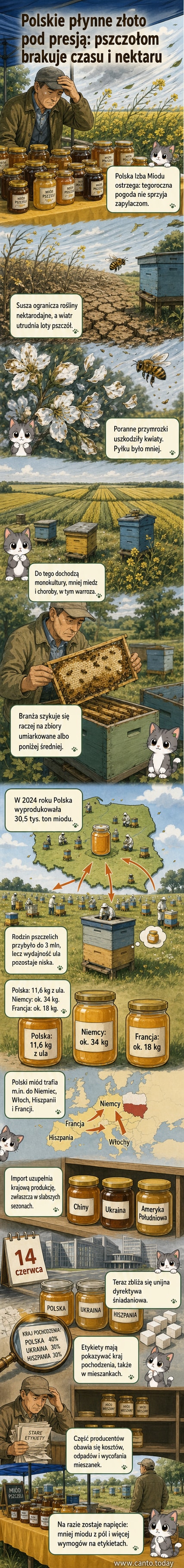 Ilustracja przedstawiająca pszczołę na tle suchego pola rzepaku, z zachmurzonym niebem i znakiem zapytania nad ulami — sygnalizuje kryzys w sektorze pszczelarskim.