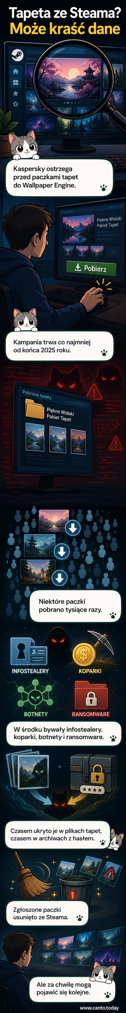 Ilustracja przedstawia komputer z czerwoną ikoną ostrzeżenia na ekranie, podczas gdy w tle działa animowana tapeta z logiem Steam. Z tyłu, w cieniu, widoczna sylwetka hakeria.