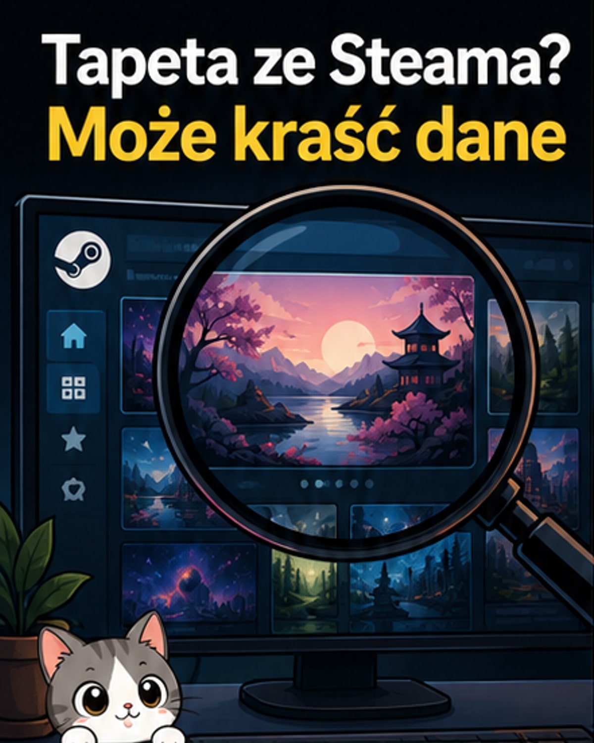 Ilustracja przedstawia komputer z czerwoną ikoną ostrzeżenia na ekranie, podczas gdy w tle działa animowana tapeta z logiem Steam. Z tyłu, w cieniu, widoczna sylwetka hakeria.