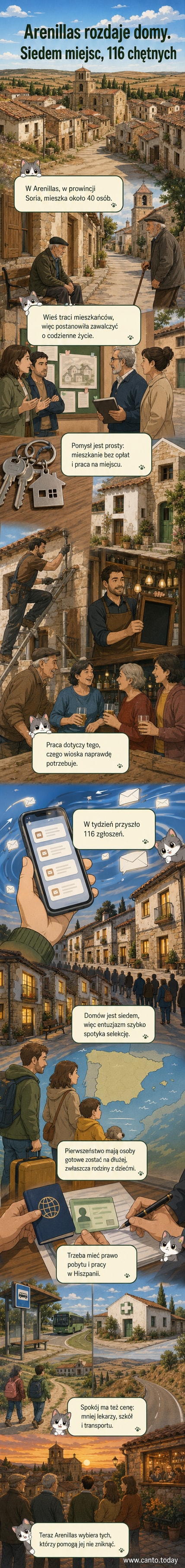 Ilustracja przedstawiająca spokojną hiszpańską wieś Arenillas z domkami, ludźmi rozmawiającymi przed budynkiem i plakatem z napisem 'Szukamy nowych mieszkańców'.
