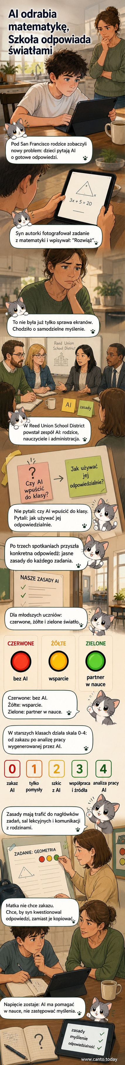 Ilustracja przedstawiająca ucznia siedzącego przy komputerze z ikoną sztucznej inteligencji, a obok nauczyciela i rodzica pokazujących kolorowe światła sygnalizacyjne: czerwone, żółte, zielone.