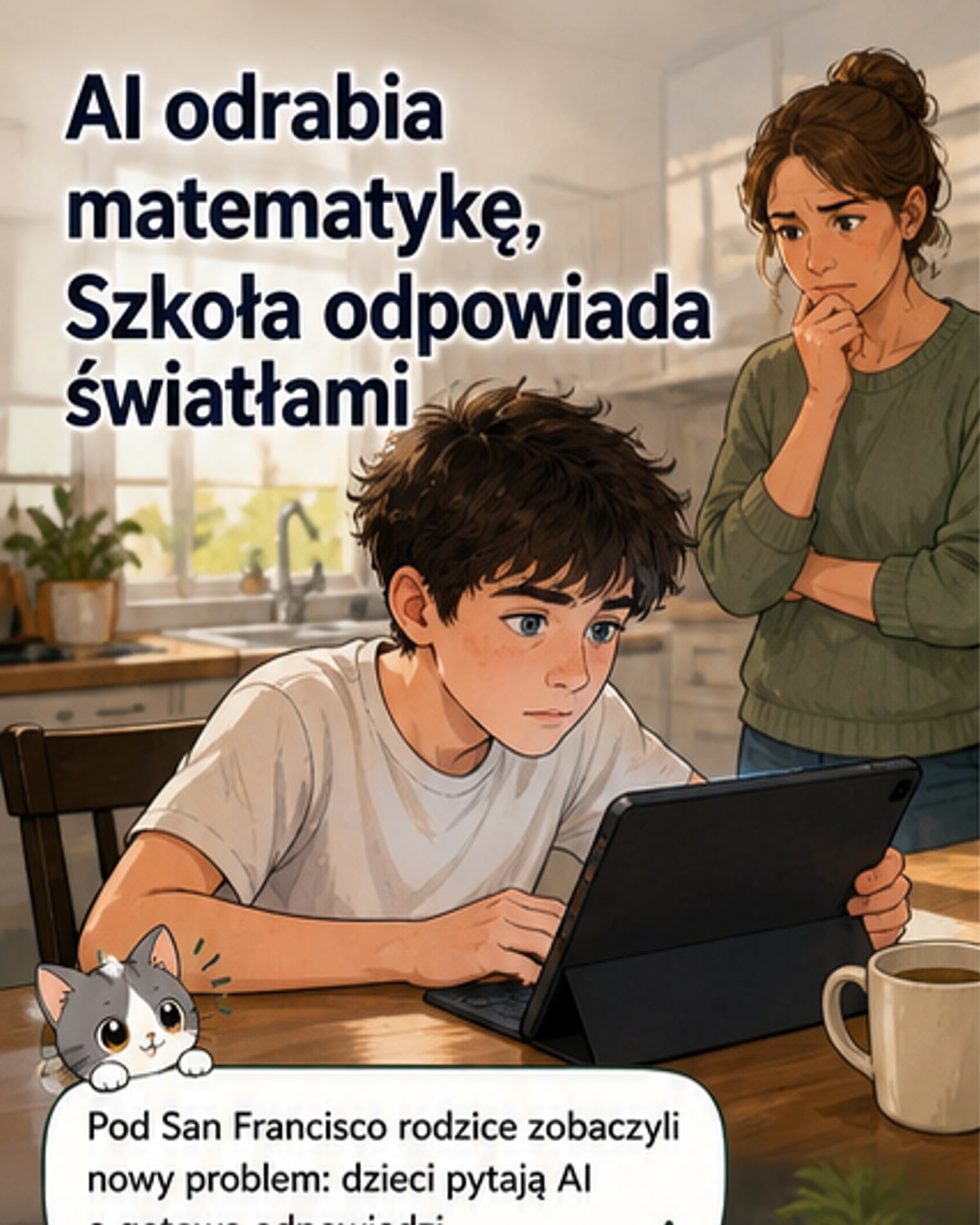 Ilustracja przedstawiająca ucznia siedzącego przy komputerze z ikoną sztucznej inteligencji, a obok nauczyciela i rodzica pokazujących kolorowe światła sygnalizacyjne: czerwone, żółte, zielone.